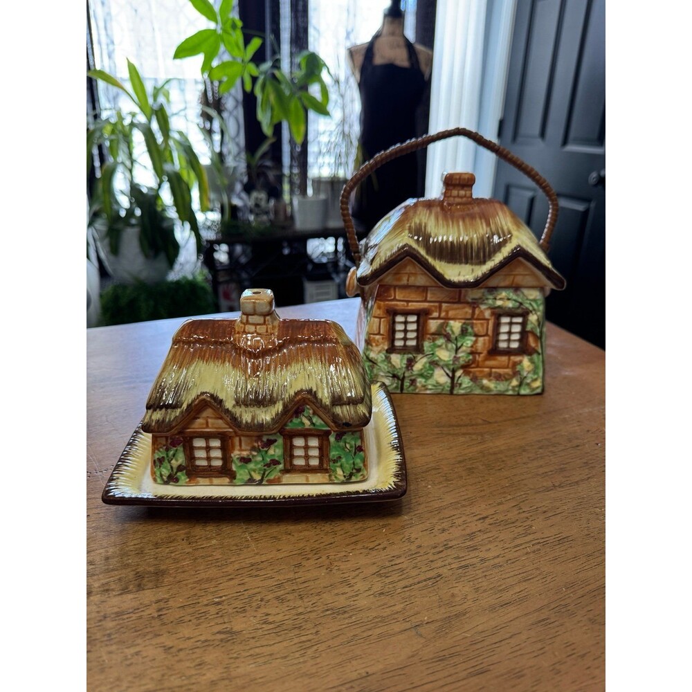 vintage ceramic cottage pattern butter dish & Cookie jar occupied Japan